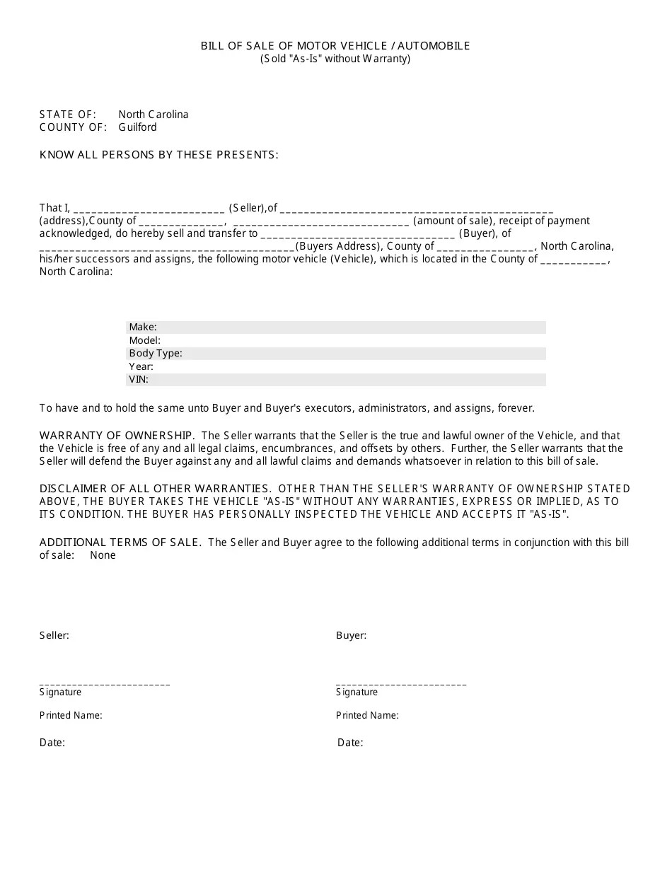 Guilford County, North Carolina Bill of Sale of Motor Vehicle/Automobile Form Fill Out, Sign