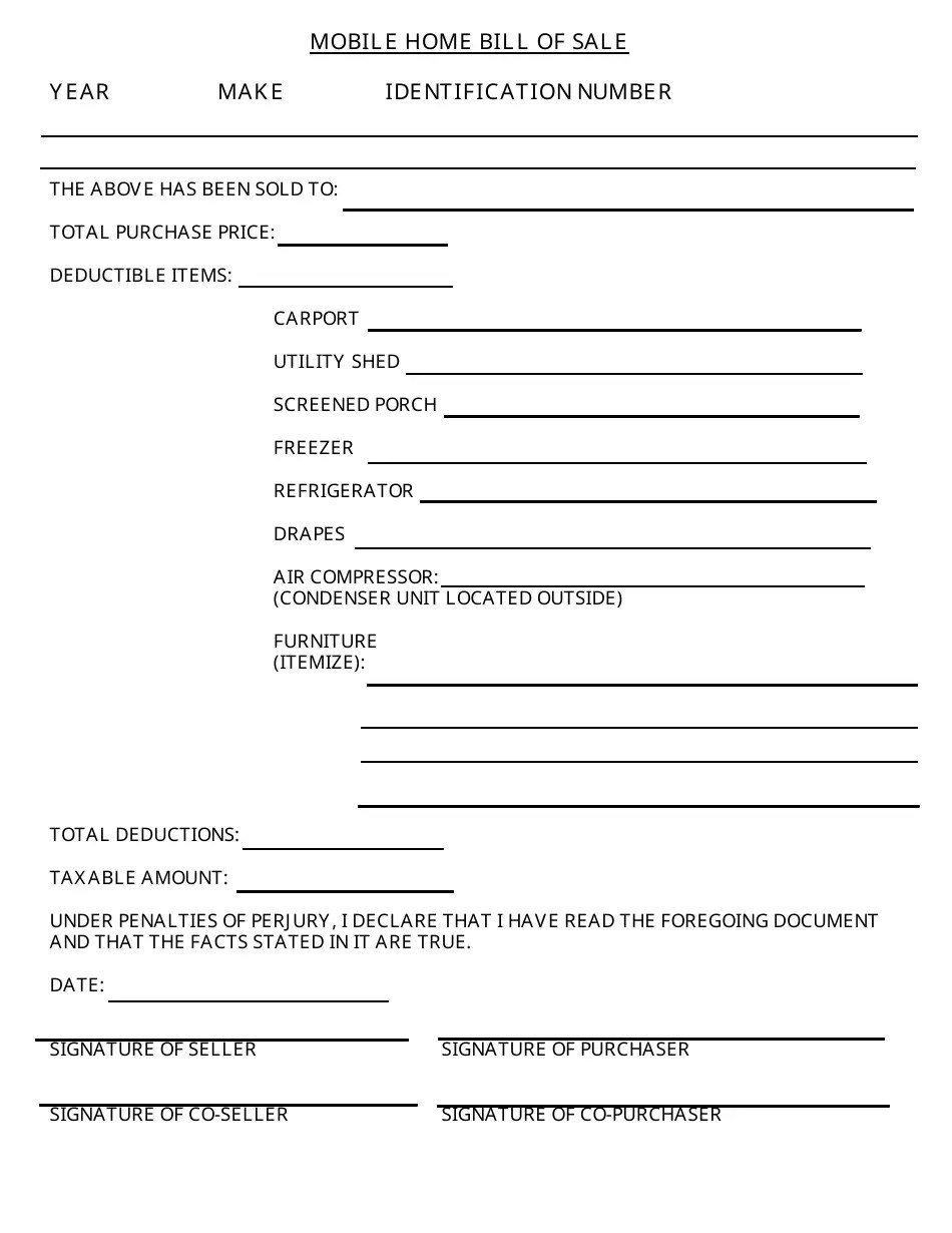 Citrus County, Florida Mobile Home Bill of Sale Form Fill Out, Sign Online and Download PDF