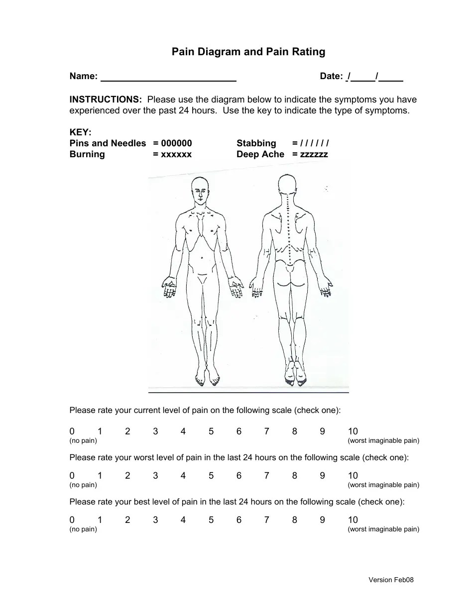 Body Pain Diagram and Pain Rating Sheet Download Printable PDF