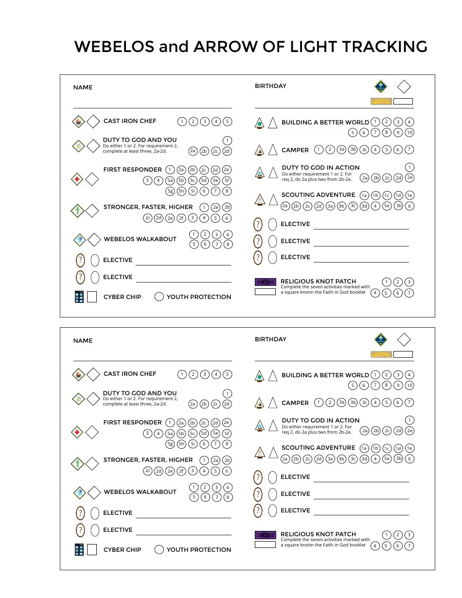 Webelos and Arrow of Light Tracking Sheet Template Download Printable