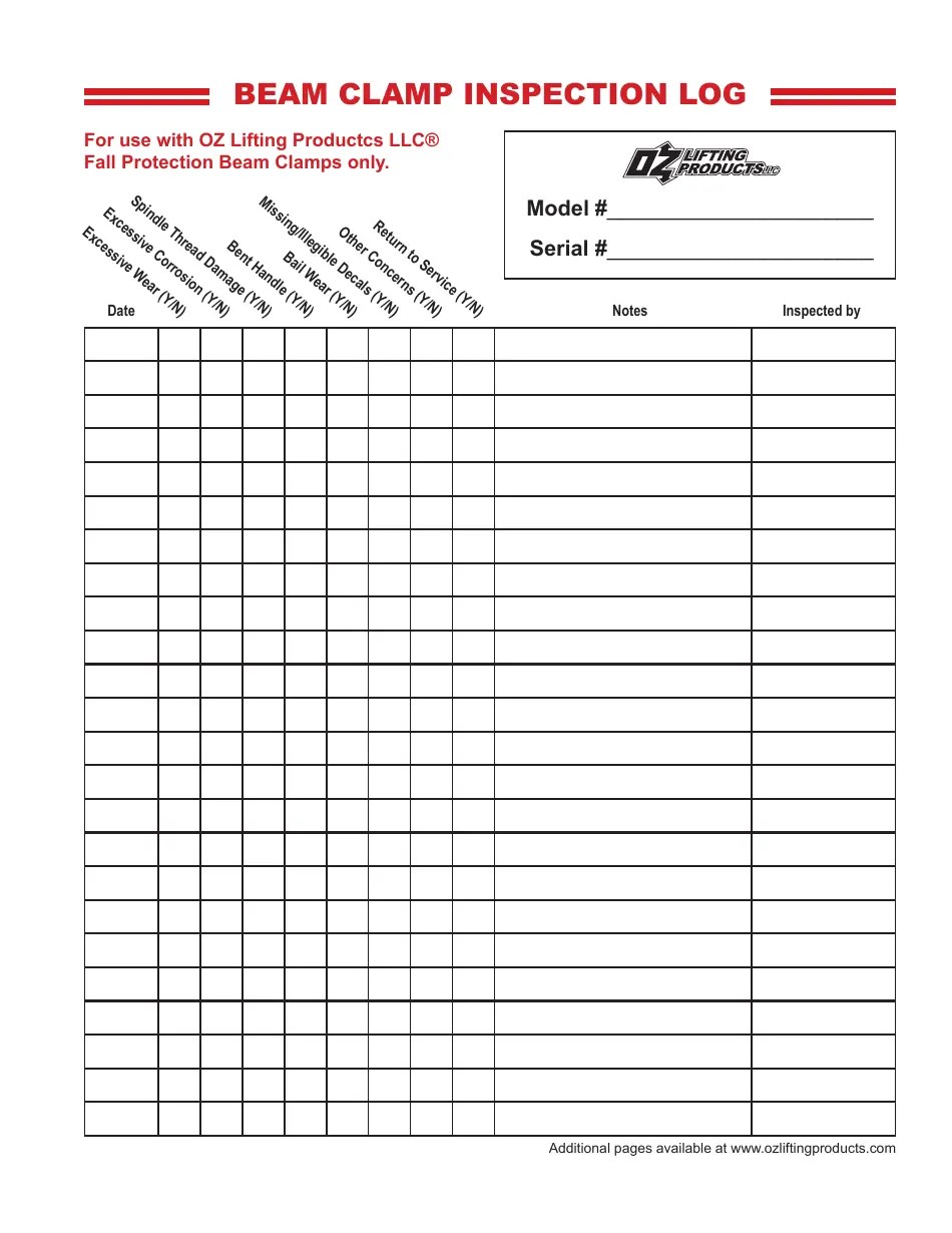 Beam Clamp Inspection Log Template Oz Lifting Productcs Download