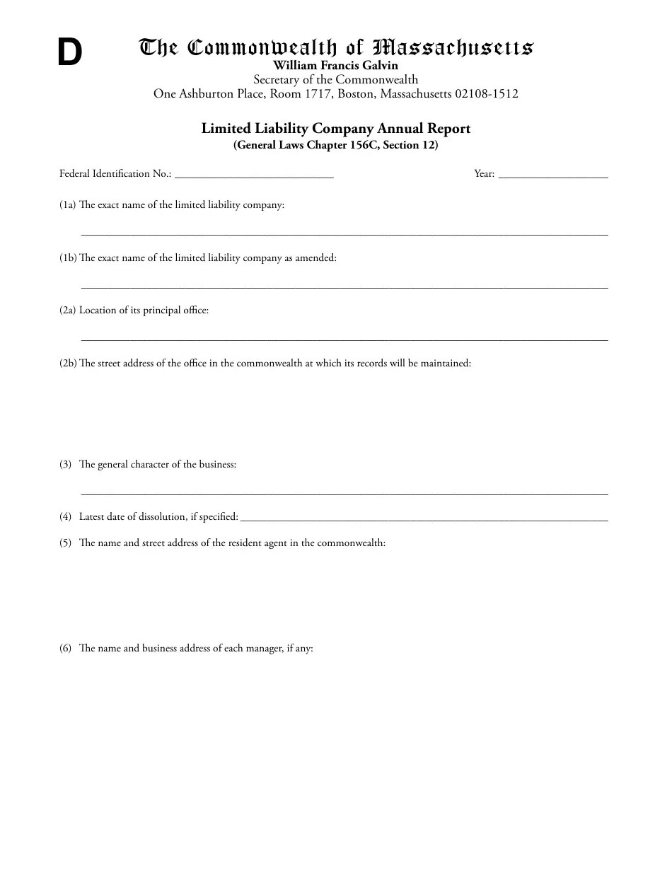 Massachusetts Limited Liability Company Annual Report Form Fill Out, Sign Online and Download