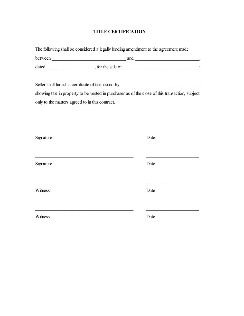 Title Certification Form Fill Out, Sign Online and Download PDF