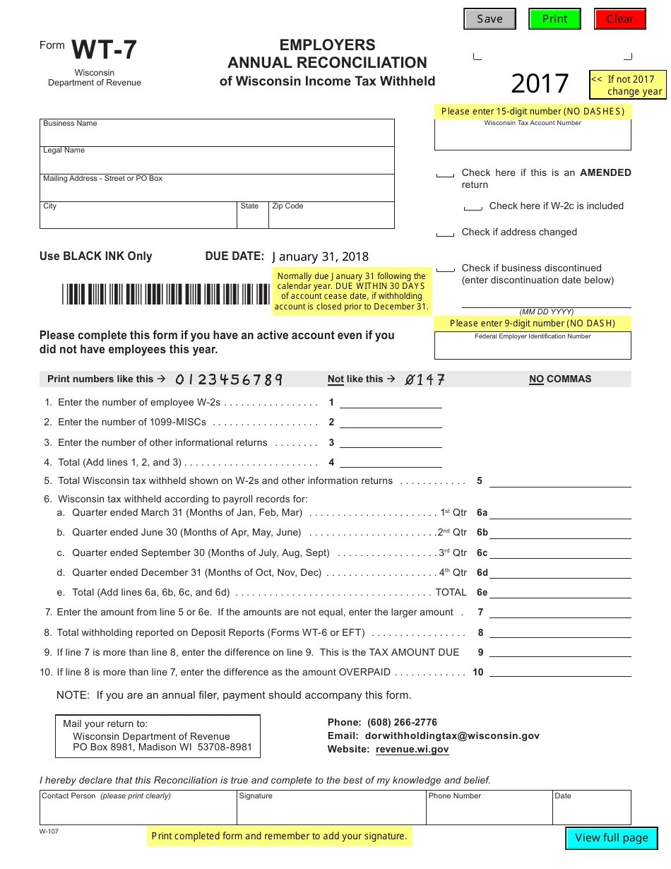 Form WT7 2017 Fill Out, Sign Online and Download Fillable PDF