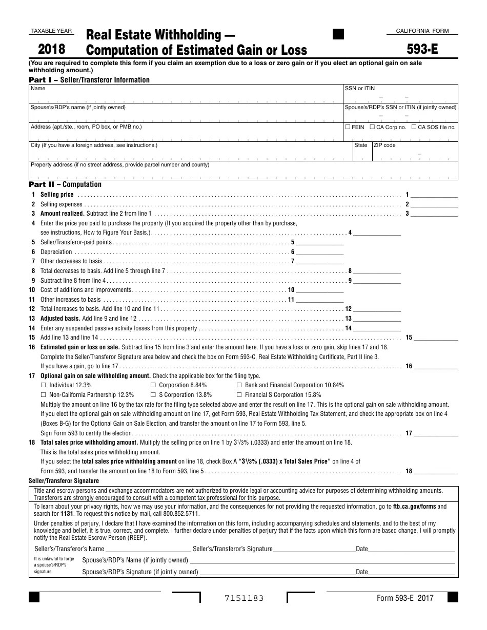 Form 593E 2018 Fill Out, Sign Online and Download Fillable PDF