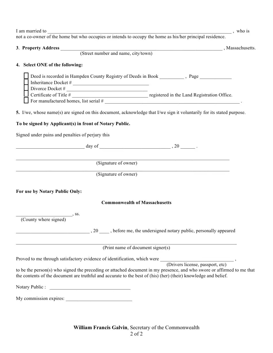 Hampden County, Massachusetts Declaration of Homestead for Homes Owned