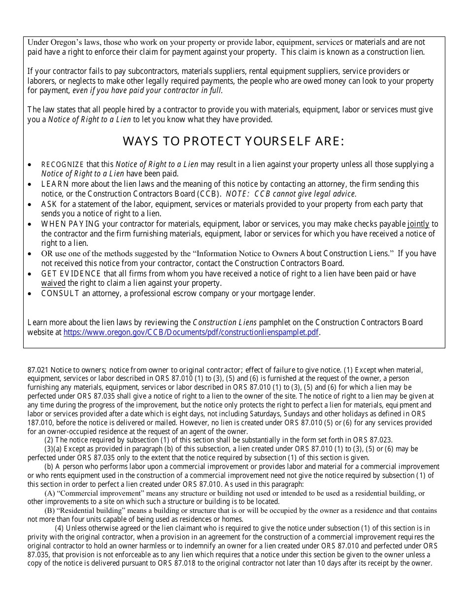 Oregon Notice of Right to a Lien Fill Out, Sign Online and Download