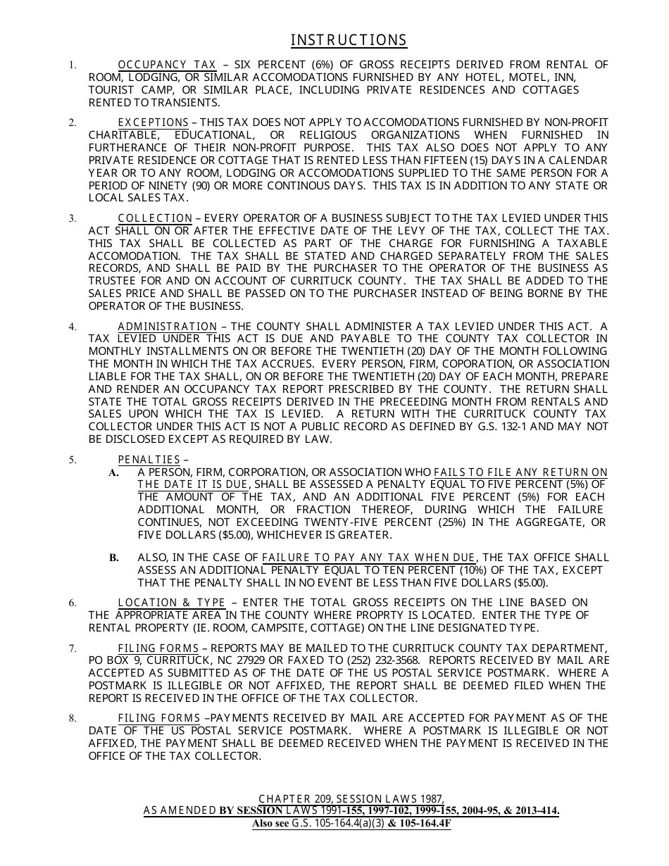 Currituck county, North Carolina Occupancy Tax Report Form Fill Out