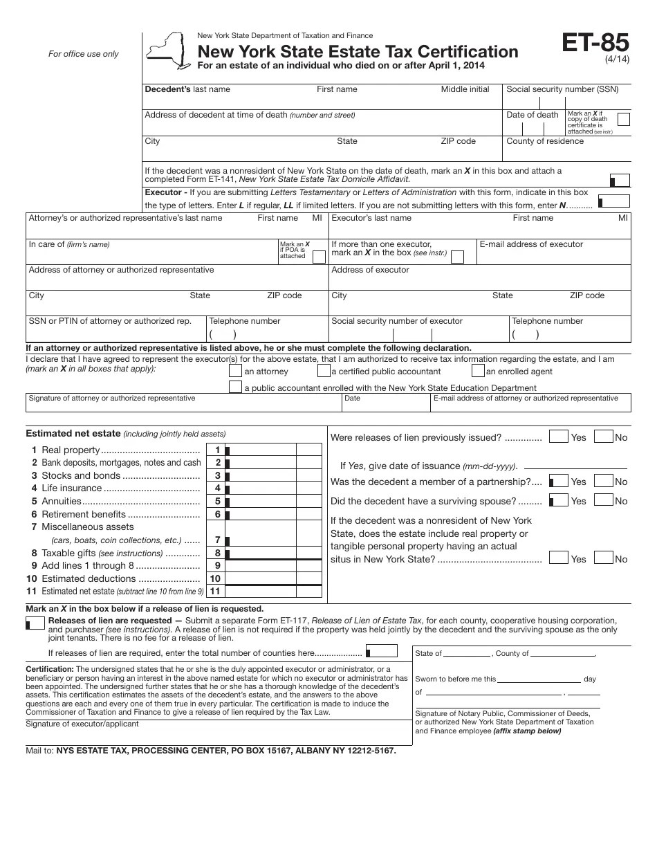 Form ET85 Fill Out, Sign Online and Download Printable PDF, New York
