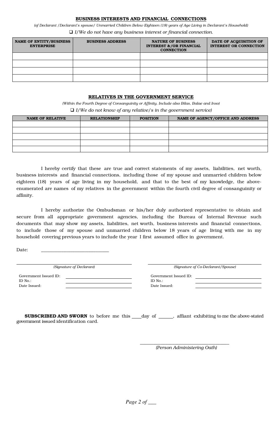 Sworn Statement of Assets Liabilities and Net Worth Download Printable