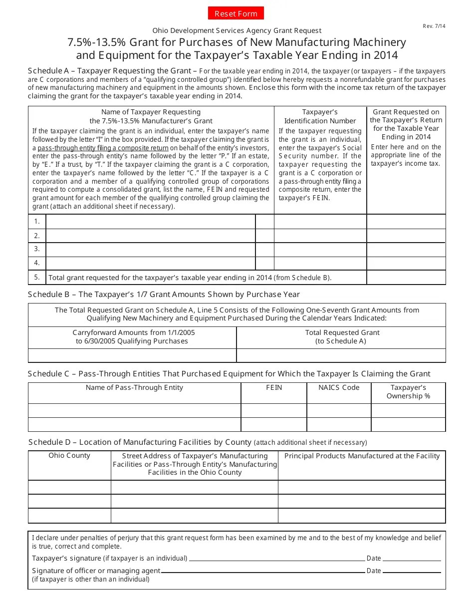 2014 Ohio 7.513.5 Grant for Purchases of New Manufacturing Machinery and Equipment for the