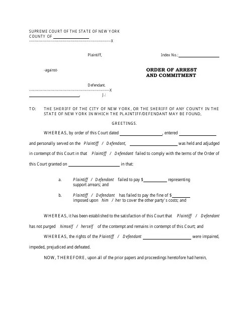 New York Order of Arrest and Commitment Download Printable PDF
