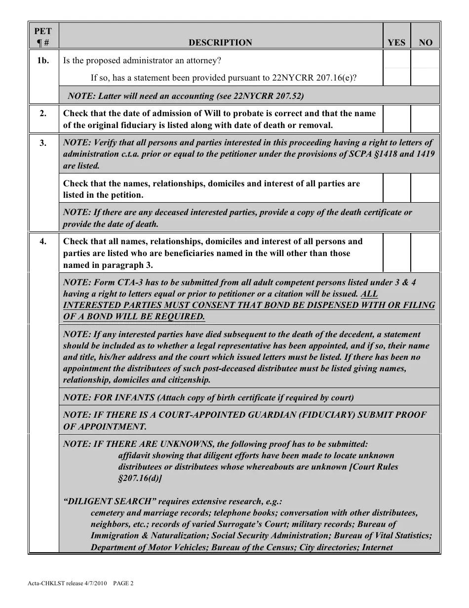 New York Administration C.t.a. (After Probate) Proceeding Checklist