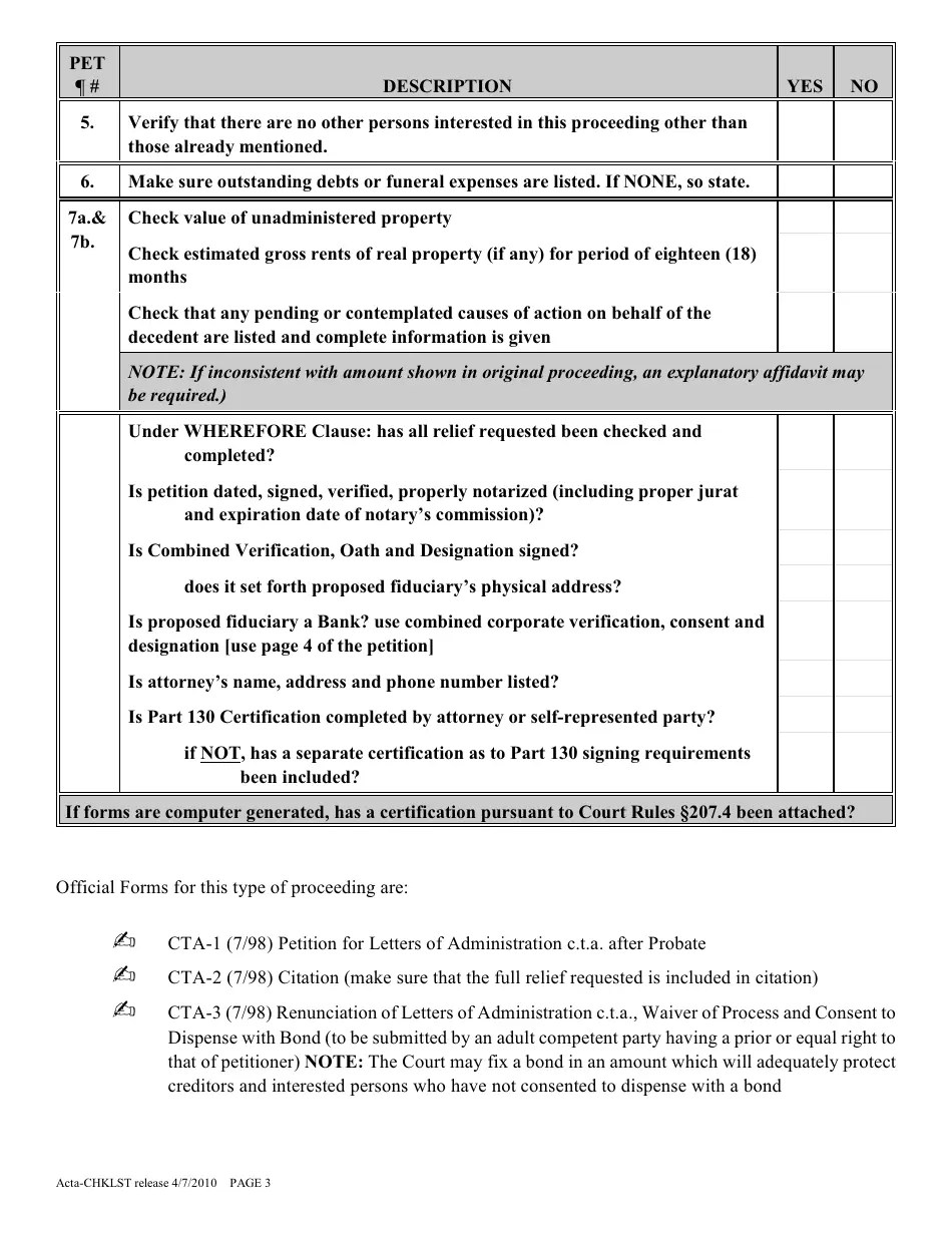 New York Administration C.t.a. (After Probate) Proceeding Checklist