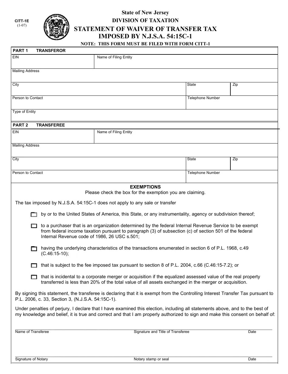Form CITT1E Fill Out, Sign Online and Download Fillable PDF, New