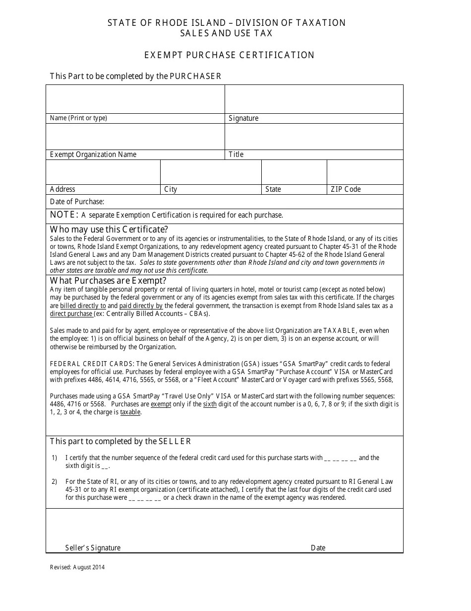 Rhode Island Exempt Purchase Certification Form Fill Out, Sign Online