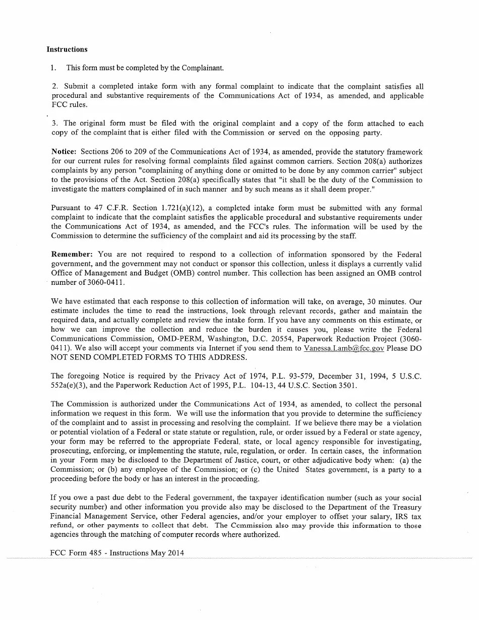 FCC Form 485 Fill Out, Sign Online and Download Printable PDF
