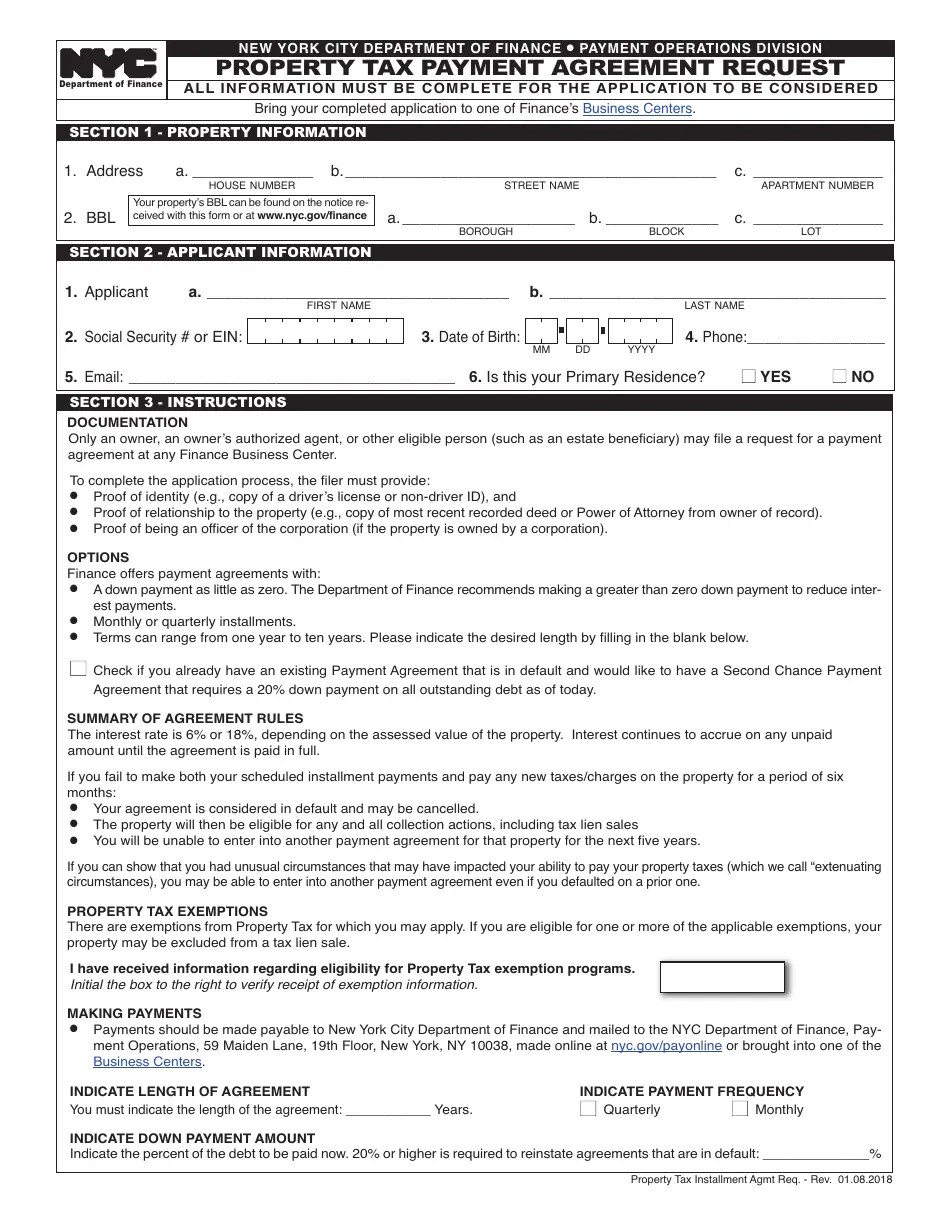 New York City Property Tax Payment Agreement Request Fill Out, Sign