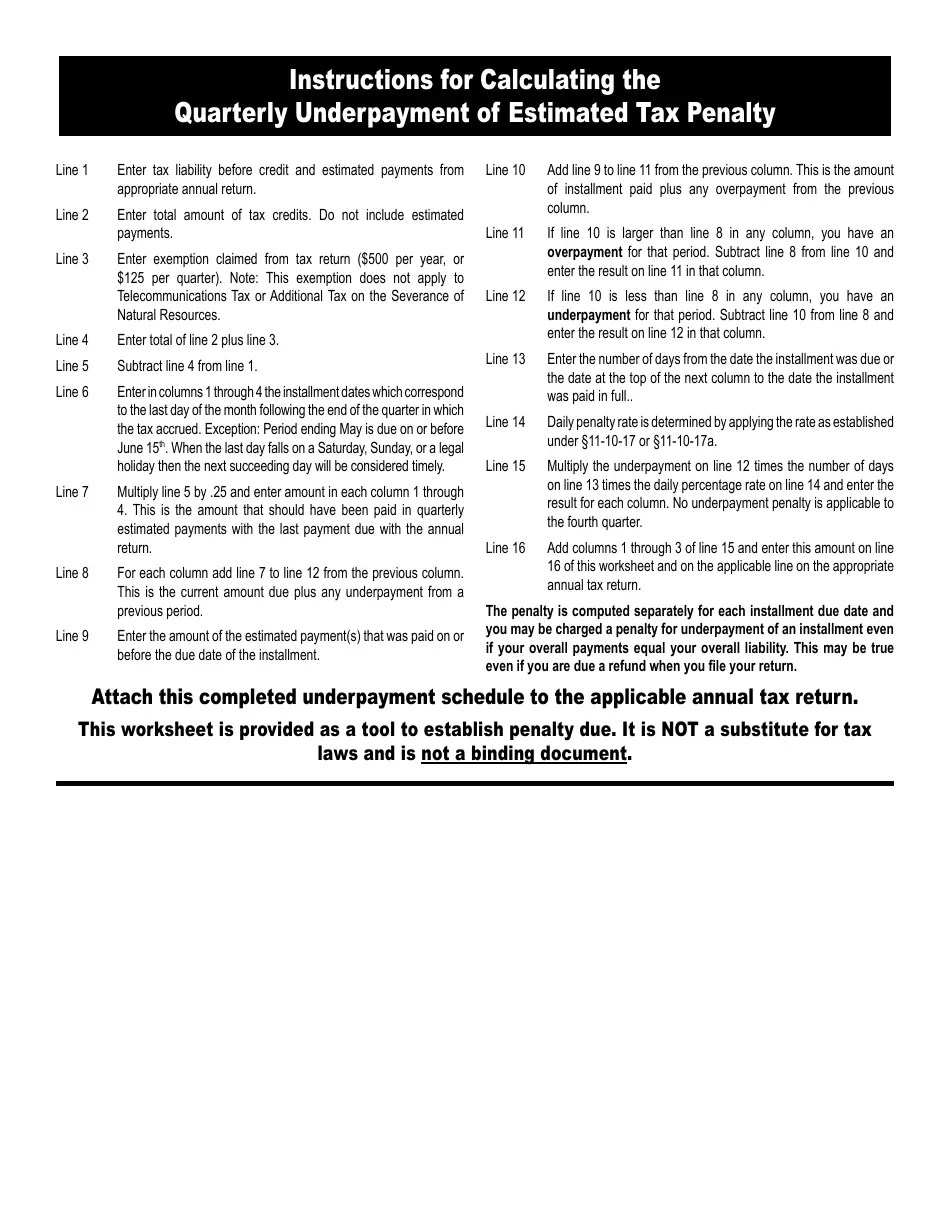 Download Instructions for Calculating the Quarterly Underpayment of