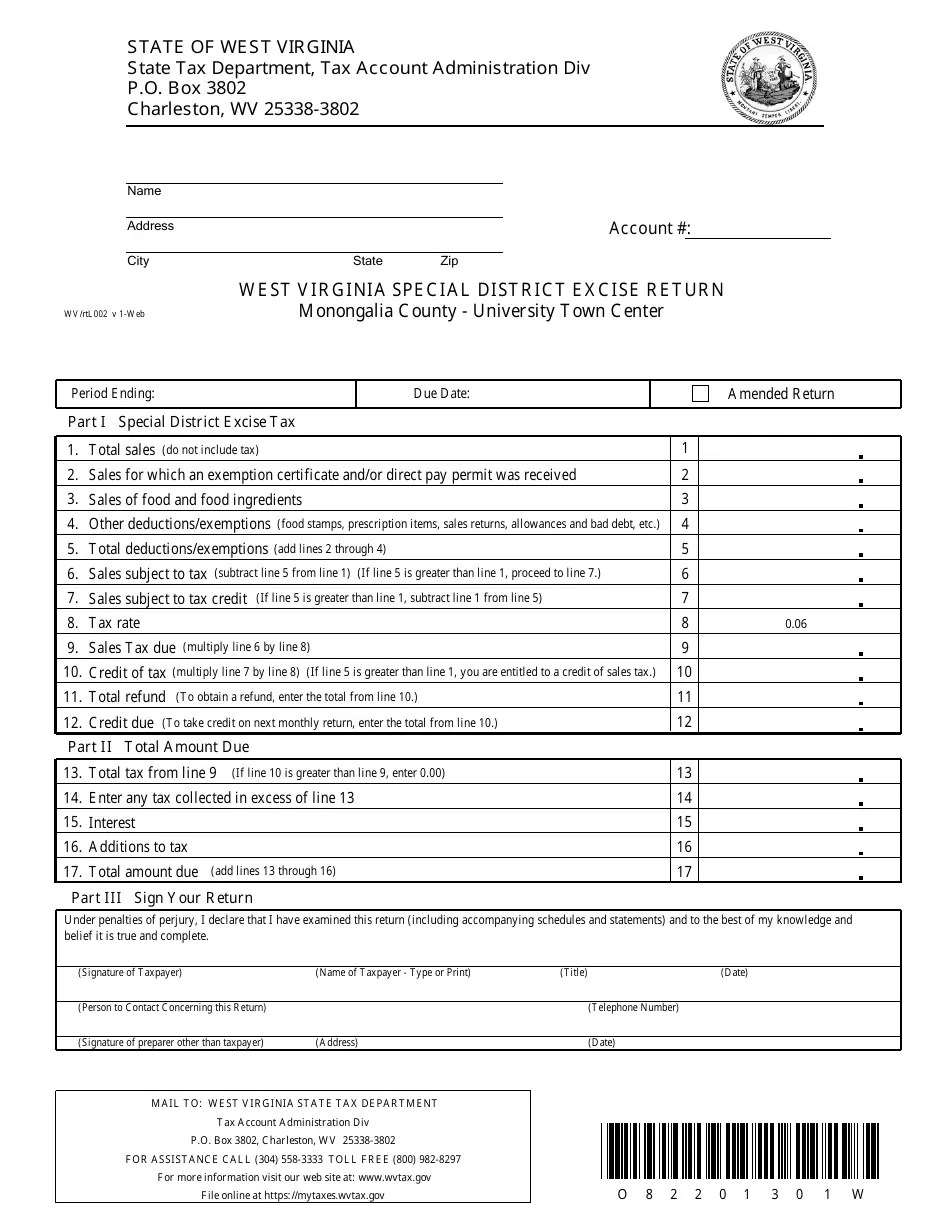 Monongalia County, West Virginia Special District Excise Return Form