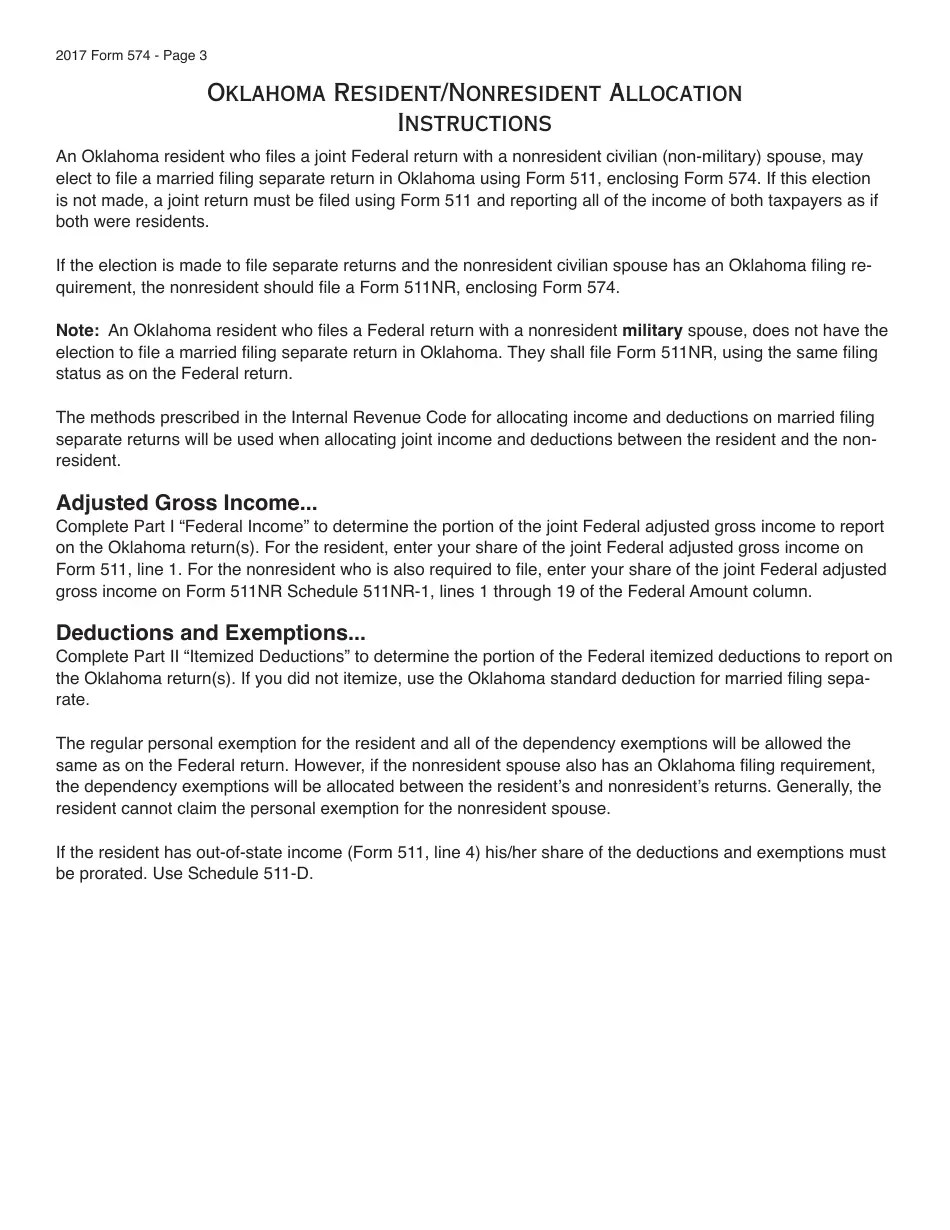 OTC Form 574 Download Fillable PDF or Fill Online Oklahoma Resident/Nonresident Allocation