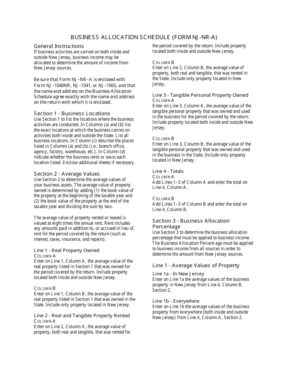 Form NJ1040NR Schedule NJNRA Fill Out, Sign Online and Download