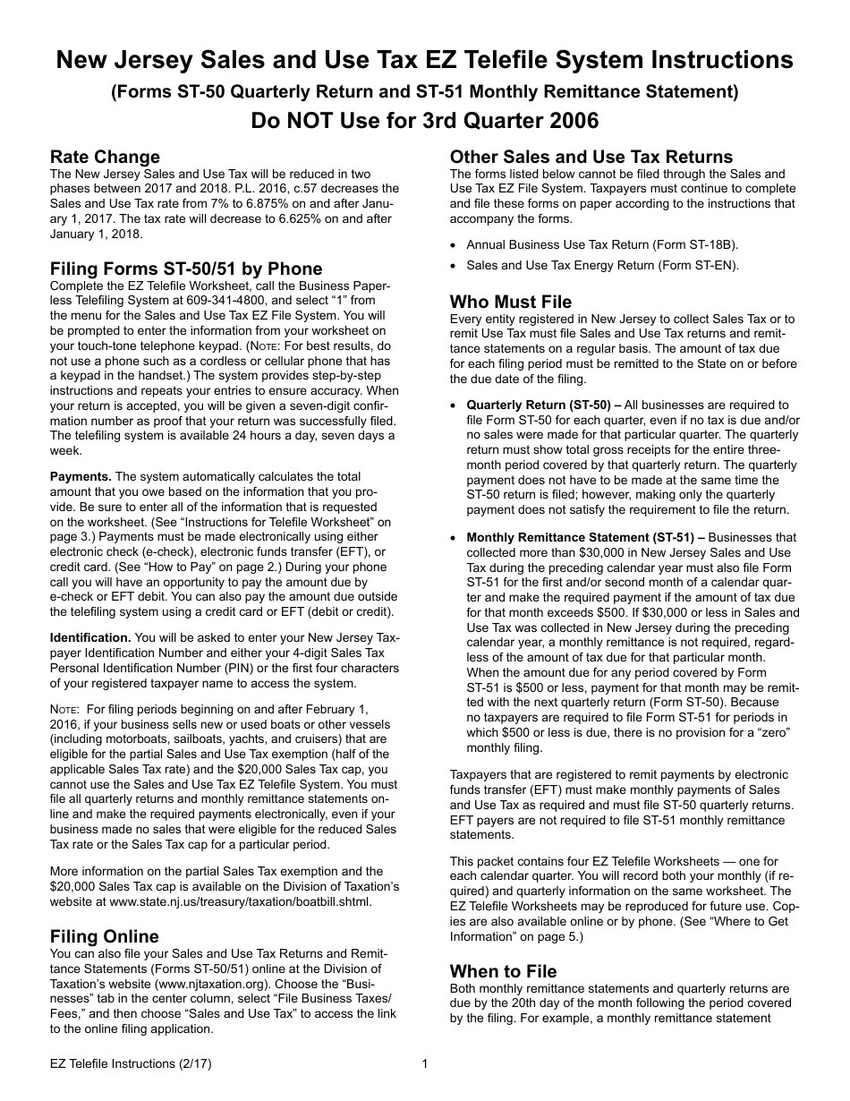 Download Instructions for Form ST50, ST51 New Jersey Sales and Use