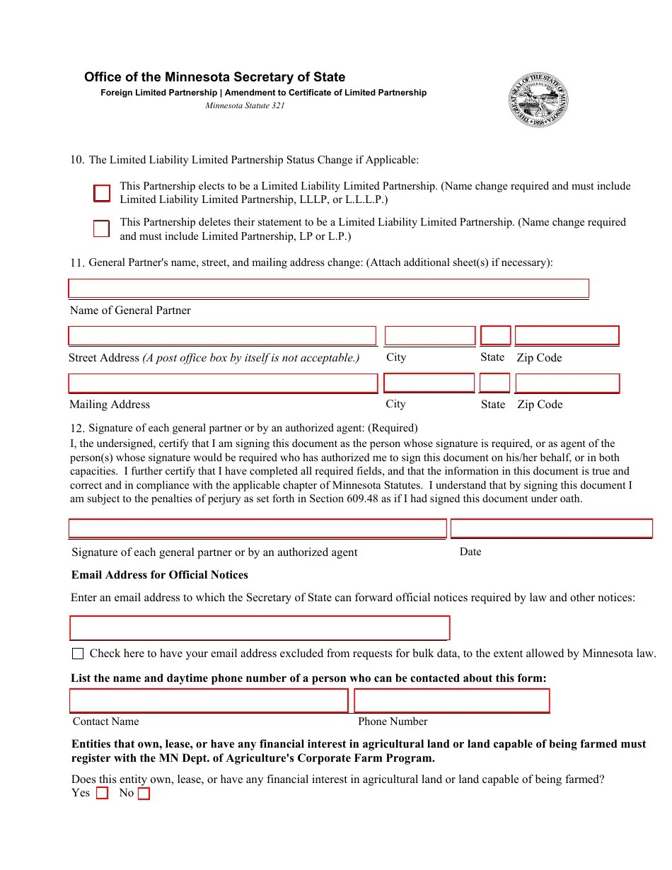 Minnesota Amendment to Certificate of Limited Partnership Form Fill