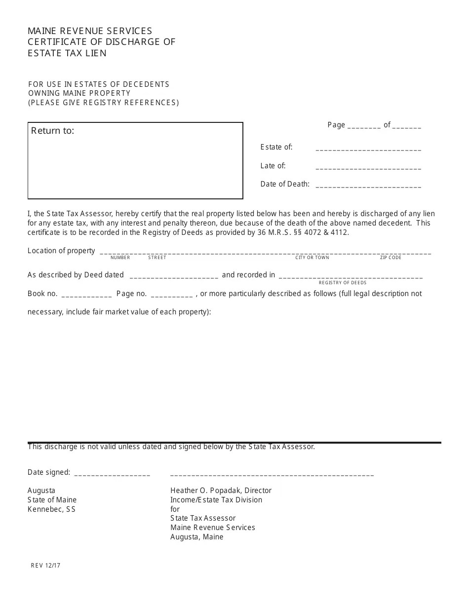 Maine Certificate of Discharge of Estate Tax Lien Fill Out, Sign