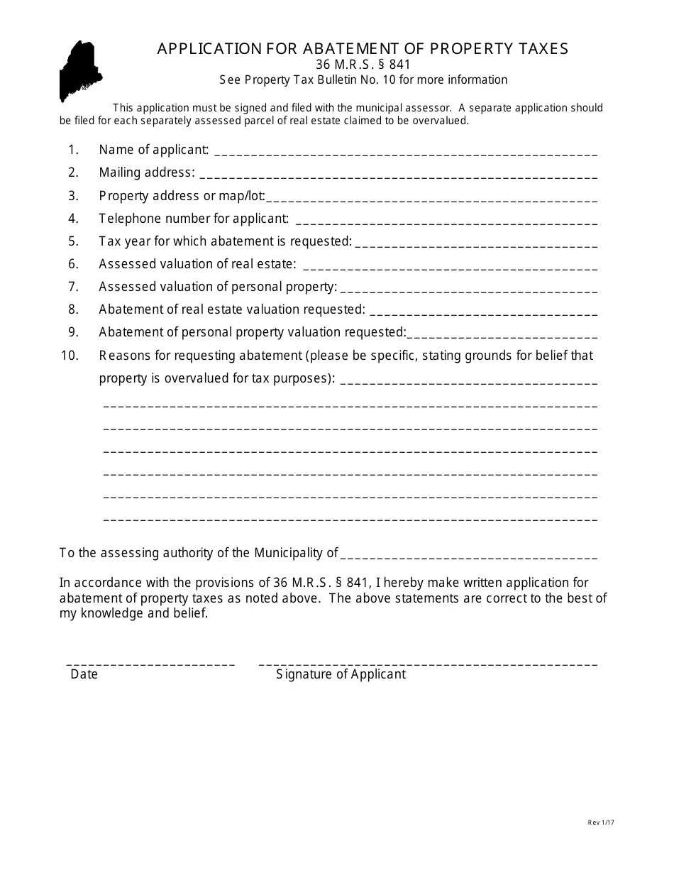 Maine Application for Abatement of Property Taxes Fill Out, Sign
