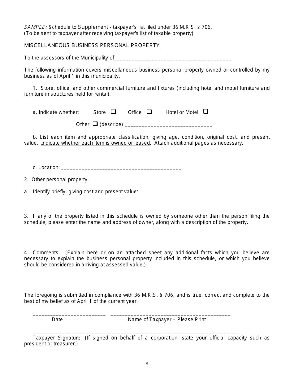 Maine Sample Request for List of Taxable Property Fill Out, Sign