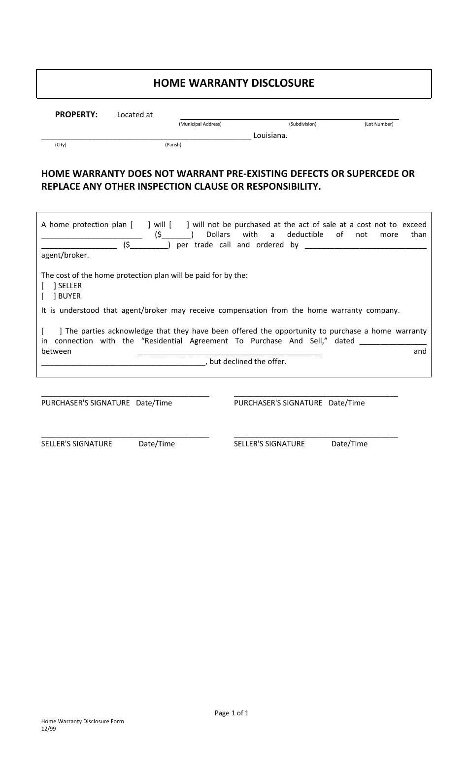 Louisiana Home Warranty Disclosure Form Fill Out, Sign Online and