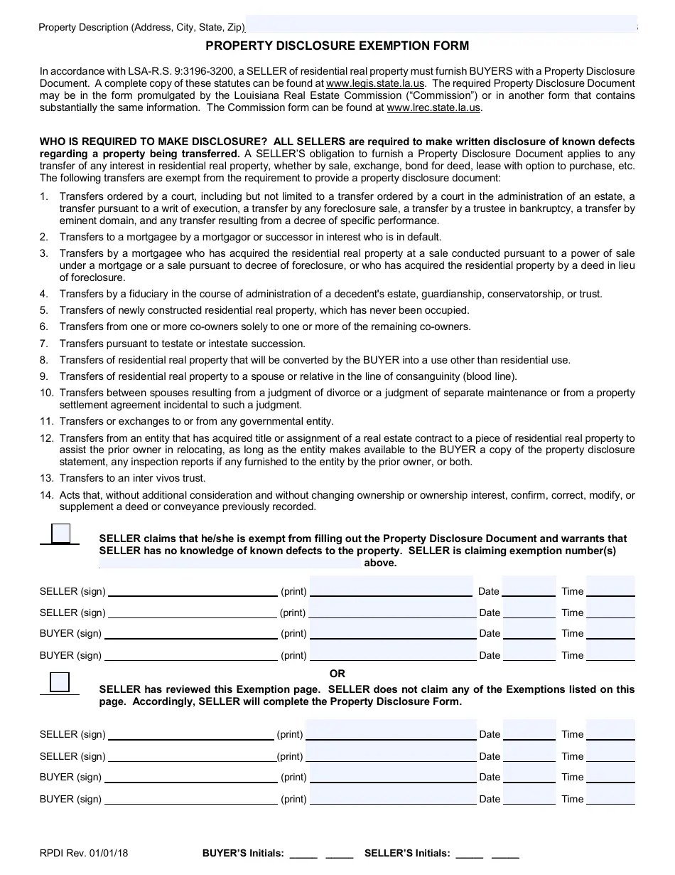 Louisiana Property Disclosure Exemption Form Fill Out, Sign Online and Download PDF