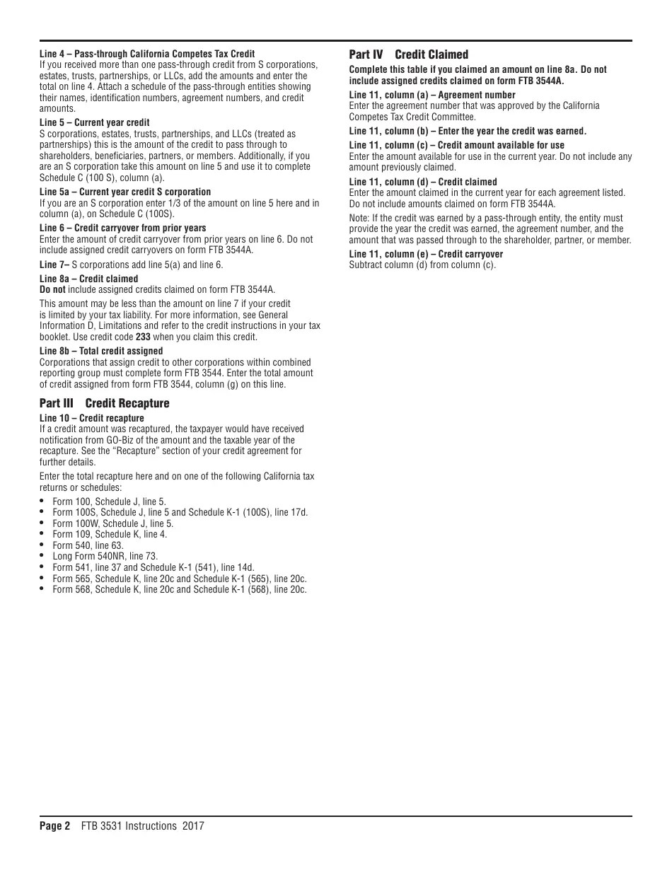 Download Instructions for Form FTB3531 California Competes Tax Credit PDF, 2017 Templateroller