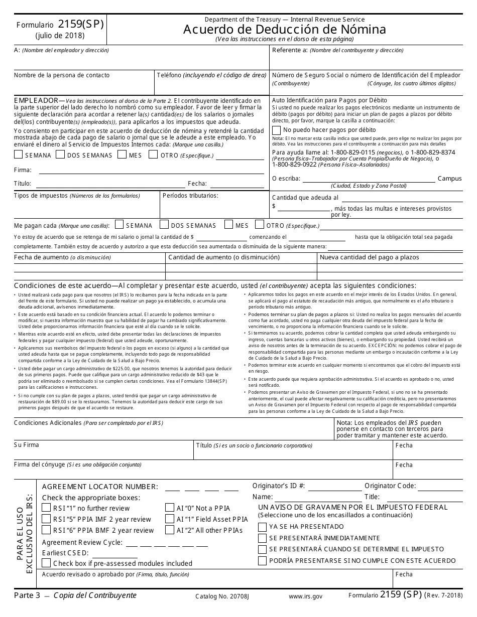 IRS Formulario 2159(SP) Fill Out, Sign Online and Download Fillable