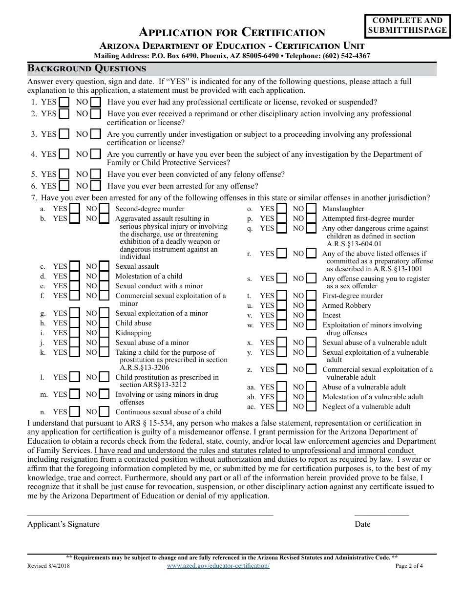 Arizona Application for Certification Download Fillable PDF Templateroller