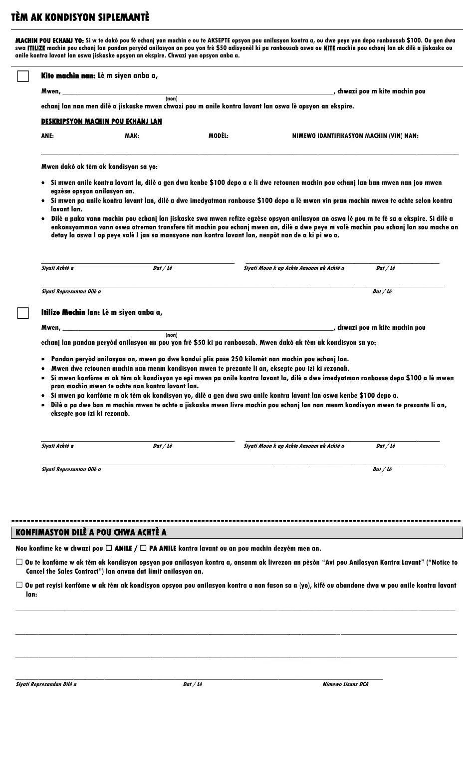 New York City Nyc Used Car Contract Cancellation Option (Haitian Creole