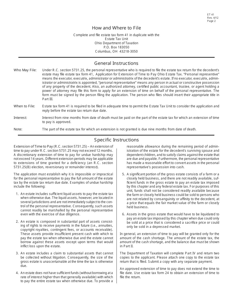 Form ET41 Fill Out, Sign Online and Download Fillable PDF, Ohio