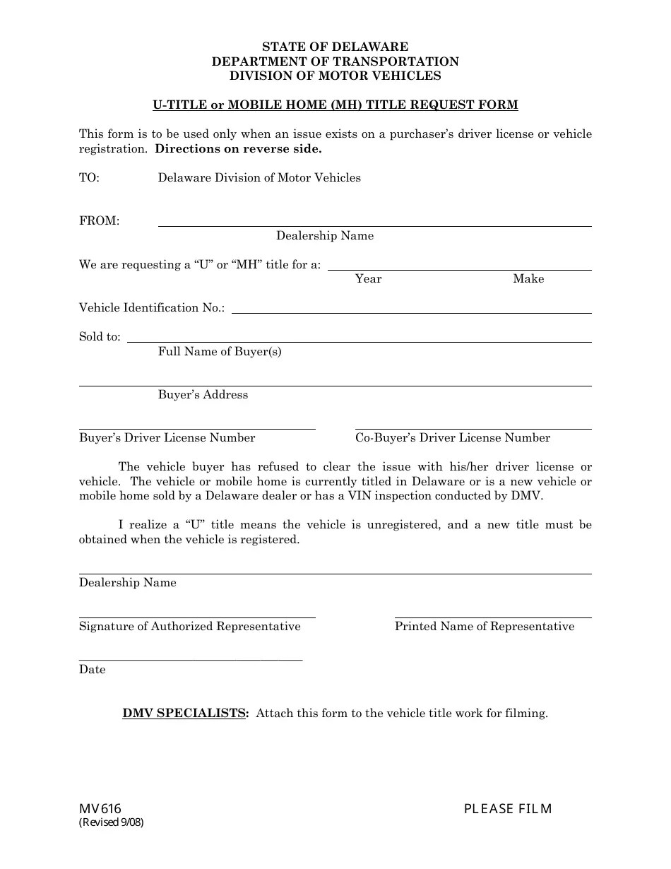 Form MV616 Fill Out, Sign Online and Download Fillable PDF, Delaware Templateroller