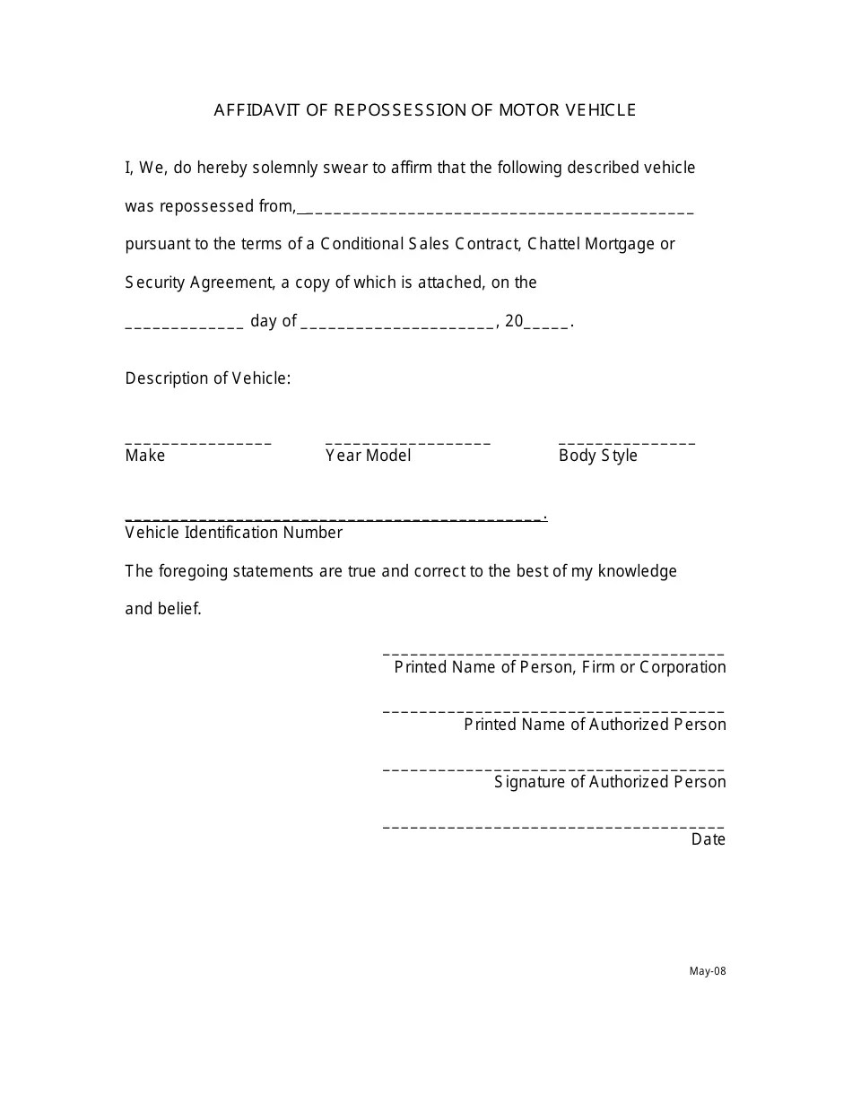 Arkansas Affidavit of Repossession of Motor Vehicle Fill Out, Sign