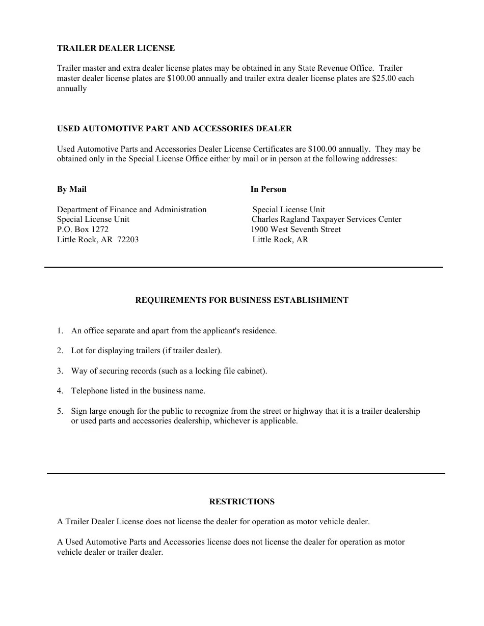 Arkansas Annual Certification for Purchase of Trailer Dealer License or