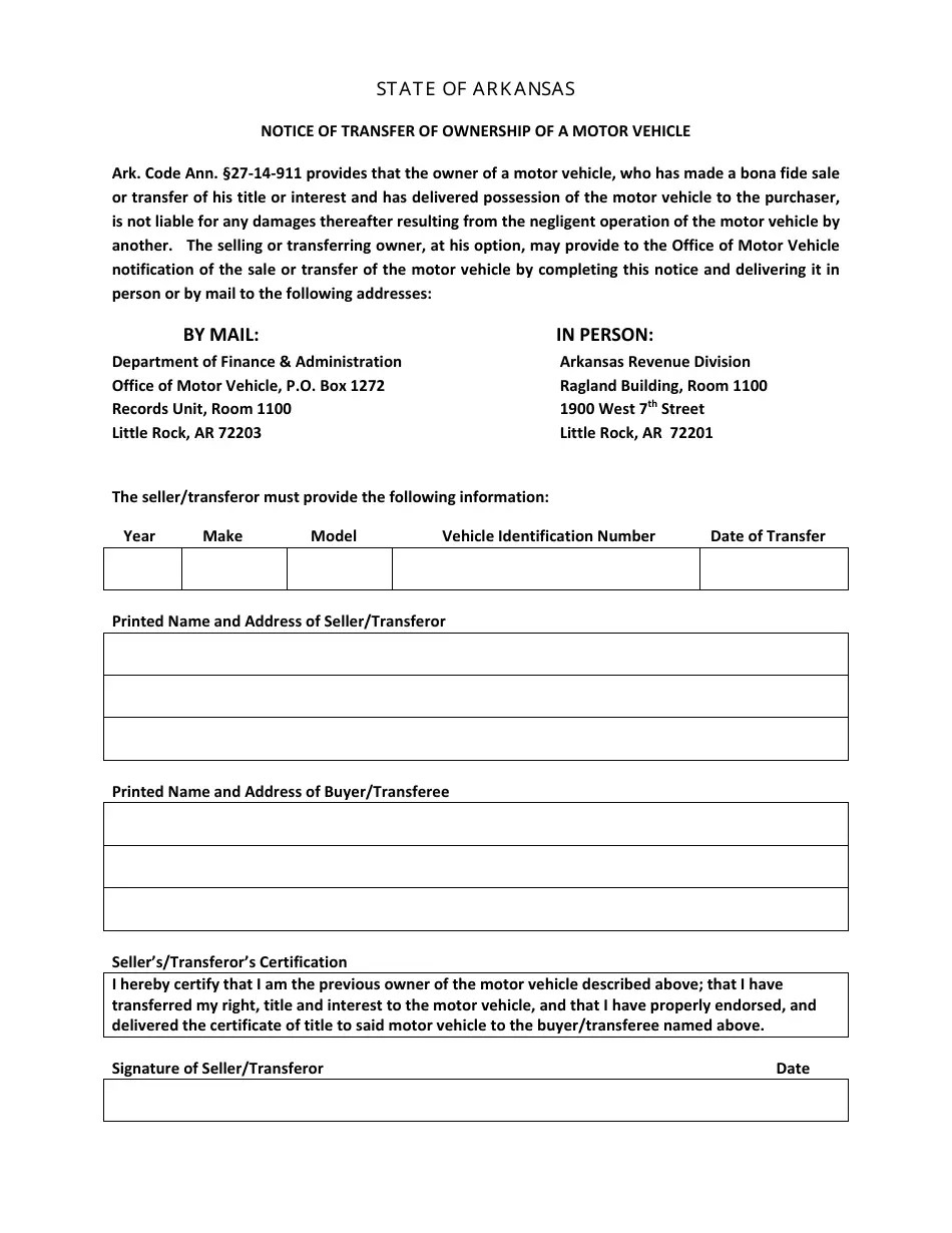 Arkansas Notice of Transfer of Ownership of a Motor Vehicle Fill Out, Sign Online and Download