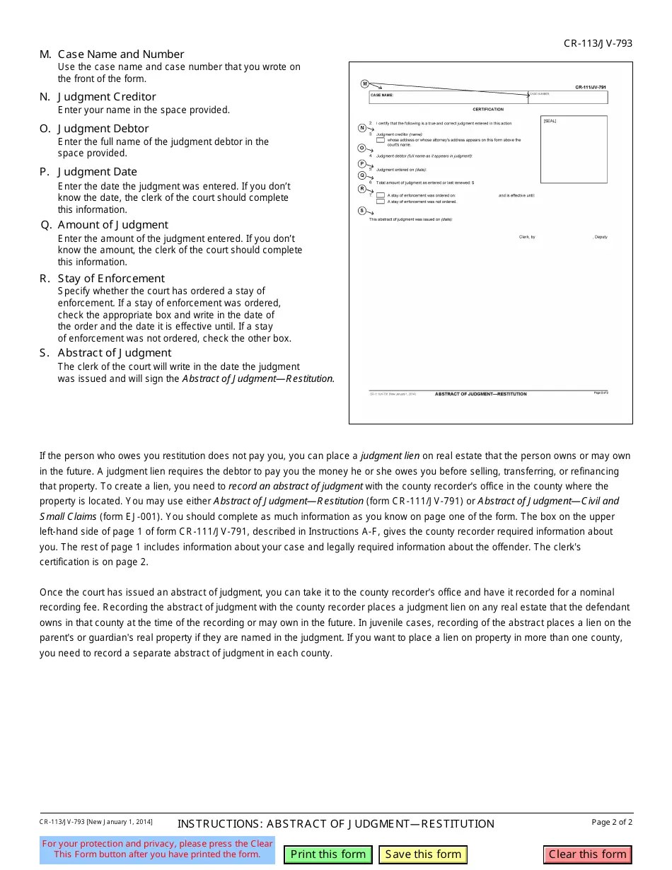 Download Instructions for Form CR113, JV791 Abstract of Judgment