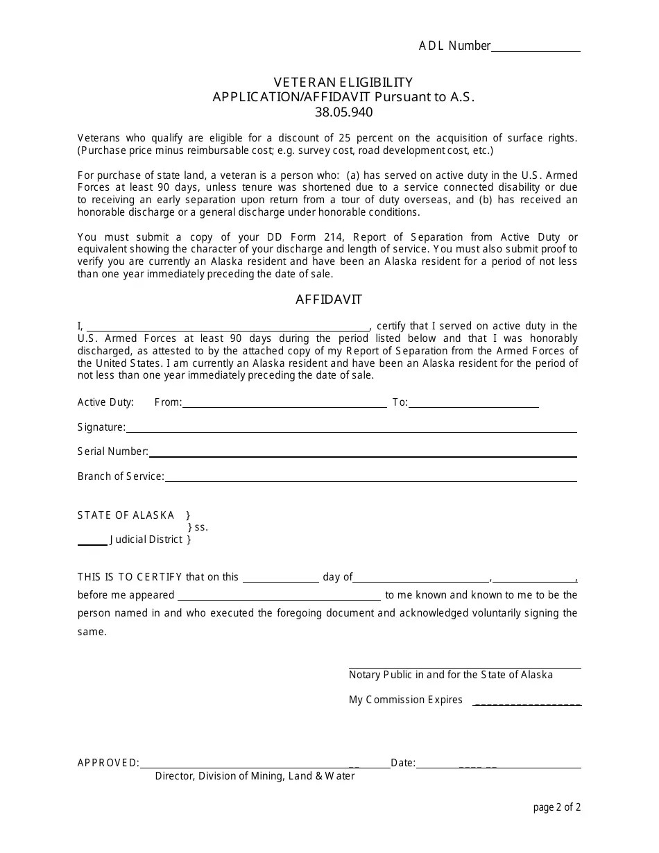 Alaska Veteran Eligibility Application/Affidavit, Waiver of Veteran's