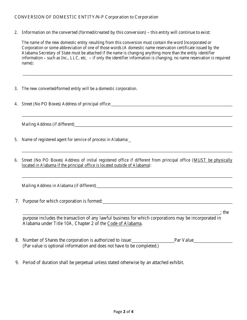 Alabama Conversion of a Domestic Entity Nonprofit Corporation to