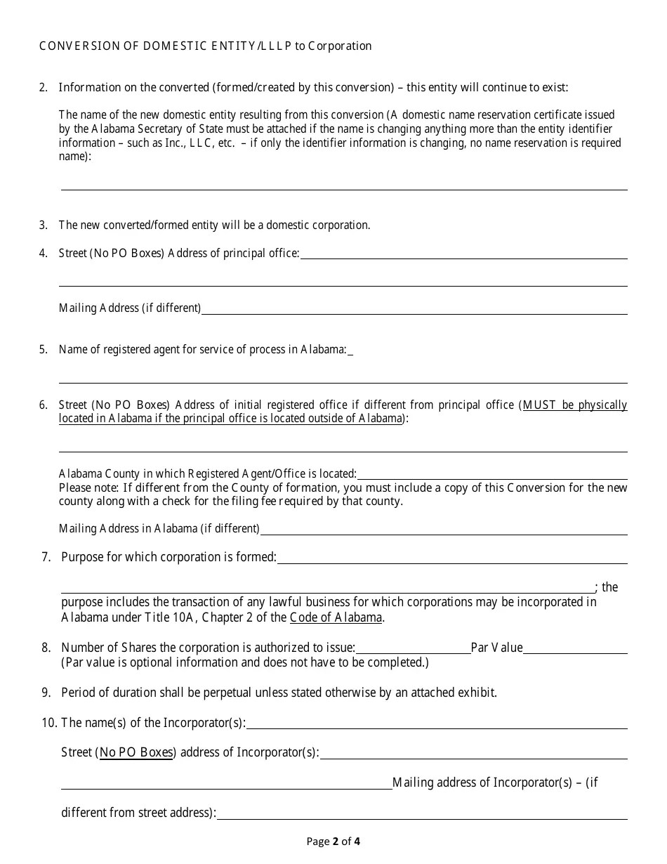 Alabama Conversion of a Domestic Entity Limited Liability Limited