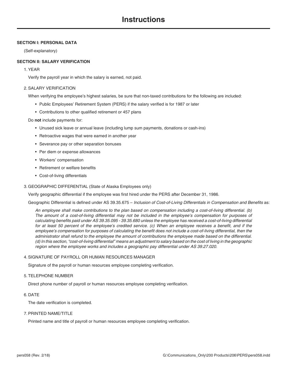 Form PERS058 Fill Out, Sign Online and Download Fillable PDF, Alaska