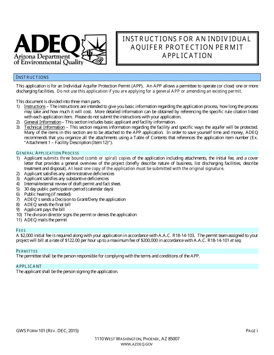 ADEQ Form GWS101 Fill Out, Sign Online and Download Fillable PDF