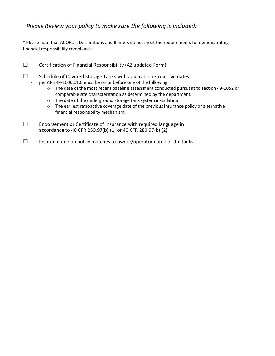 Arizona Underground Storage Tank (Ust) Financial Responsibility Form