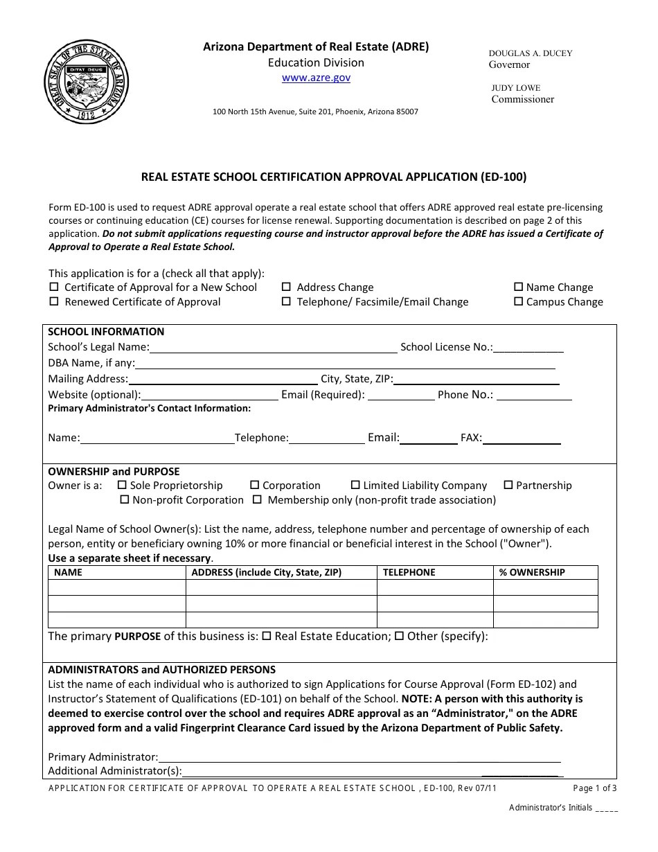 Form ED100 Fill Out, Sign Online and Download Printable PDF, Arizona